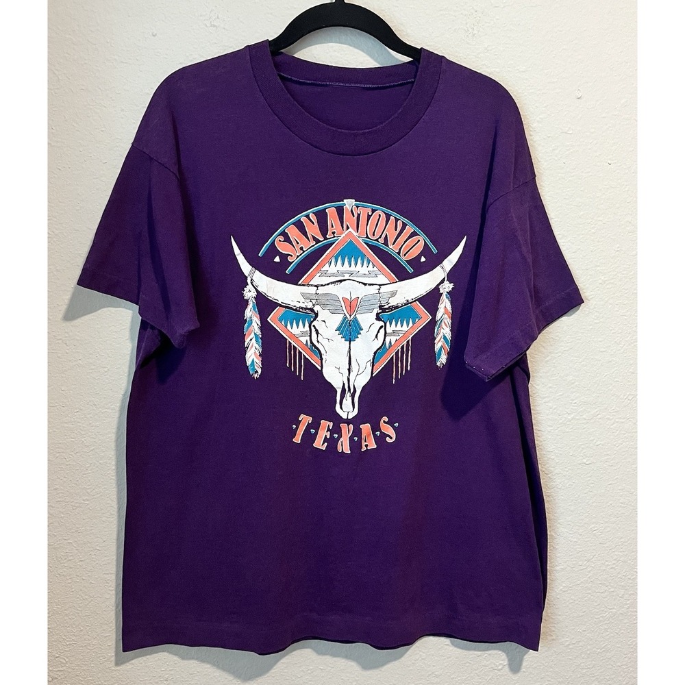 Vintage 90's Single Stitch T-Shirt Purple Unbranded San Antonio Skull Western M?